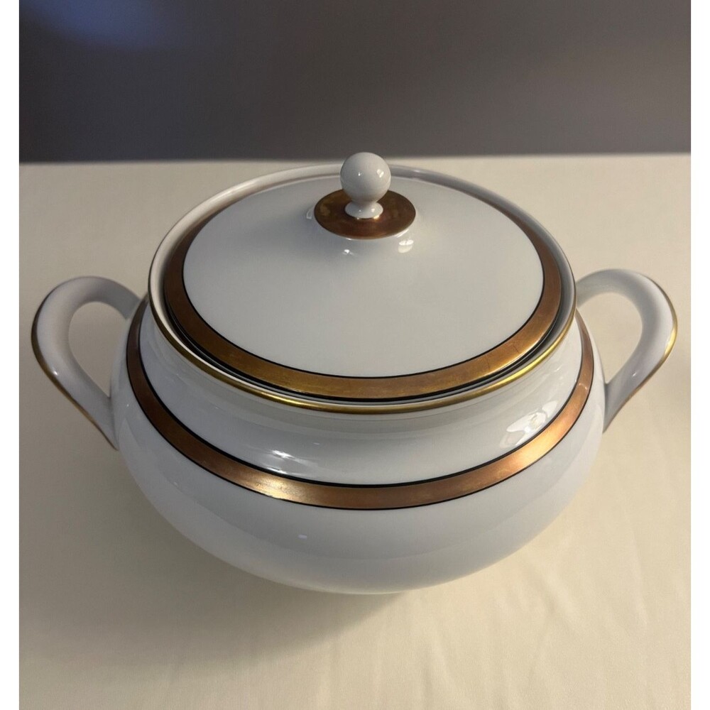 Vintage Hutschenreuther Aragon Covered Vegetable Bowl 10" Gold Band MCM Bavaria